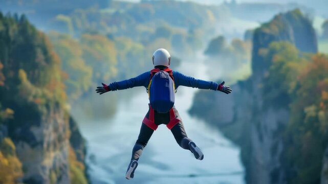A parachutist falls into a gorge with a large river. BASE jumping.