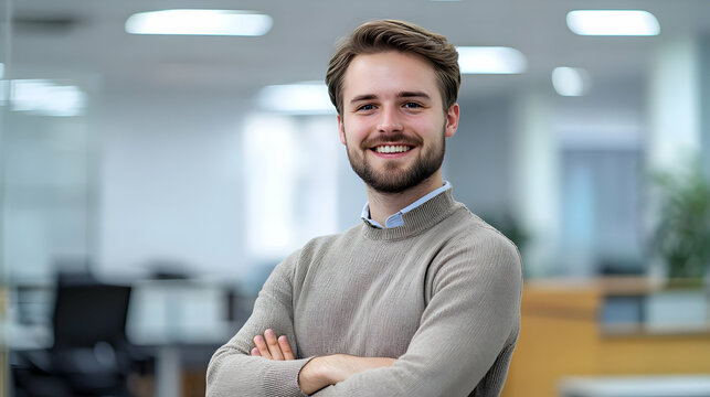 Happy young man with crossed arms wearing light pattern sweater in office setting