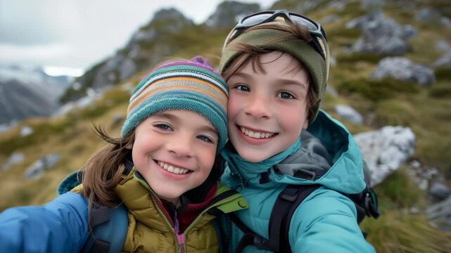 Two teenagers are filming a vlog while standing on top of a mountain.