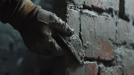 Mason applying mortar to a brick for wall construction. Featuring masonry skills and precision