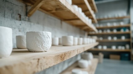 A minimalist display of sculpted white pottery on wooden shelves, emphasizing modern design and artistry while creating a clean and elegant aesthetic in the setting.