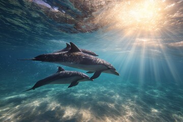 Fototapeta premium Dolphins leap through sunlit, clear shallows, creating a vibrant scene of aquatic grace and playful motion.