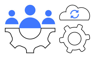 Three people inside a gear symbolizing teamwork, next to a cloud with a sync arrow and a gear. Ideal for teamwork, workflow, automation, cloud computing, efficiency, collaboration, and systems