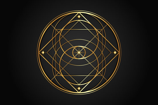 Vesica Piscis, Sacred Geometry, golden mystical third eye geometric logo design. Occult Emblem of Providence, All seeing eye protection, luck, magic. God eye masonic sign isolated on black background