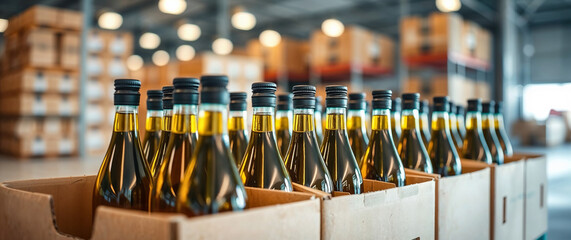 Olive oil bottles standing in cardboard boxes in warehouse