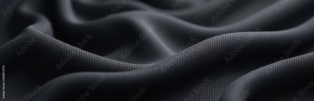 Poster textured black and dark gray fabrics dominate a wide panoramic background with ample copy space for 