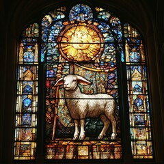 Beautiful Stained Glass Depicting the Lamb of God with Angels Overhead, a Symbol of Easter Hope and Renewal in a Church, Cathedral or religious setting.