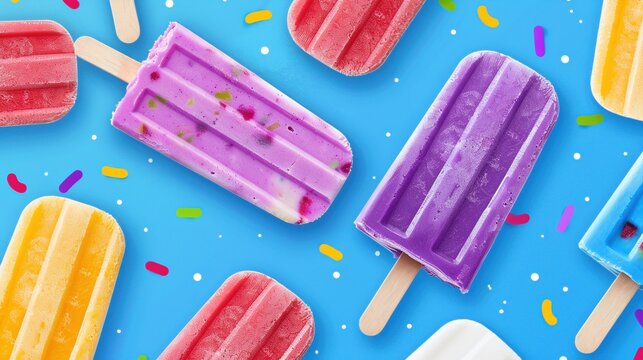 Flat lay of summer colorful popsicles on a blue background. Top-down view of a frozen dessert. Colorful summer food concept.