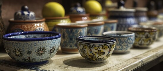 Fototapeta premium Hand-painted ceramic bowls with vibrant patterns displayed on a wooden surface, close-up highlighting intricate designs under vivid illumination.