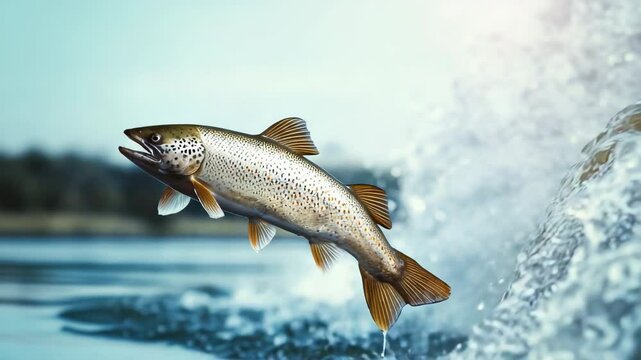 A trout or salmon jumping out of the water. The fish falls into the river with splashes flying around.