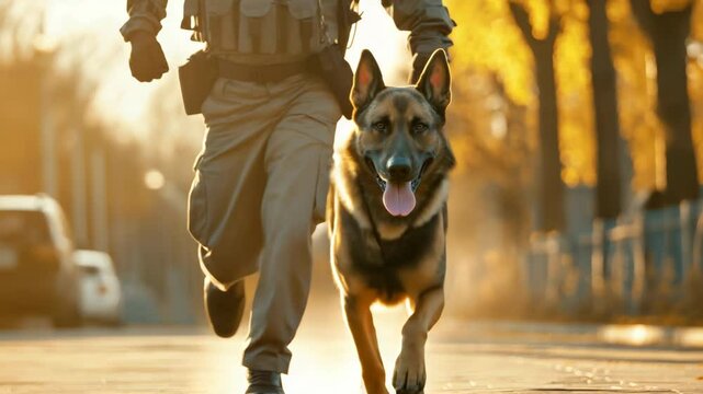 Front view of a police officer is running with a service dog on a street. A dog handler trains a shepherd dog to catch criminals.