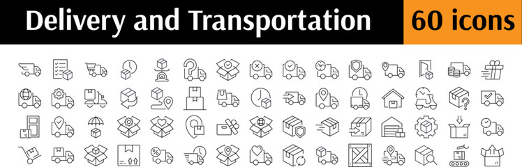 Delivery Line Icon Pack. Transport, Parcel, Cargo, Truck Outline Signs for Graphic and Web Design, Apps, Adverts, Various Cards