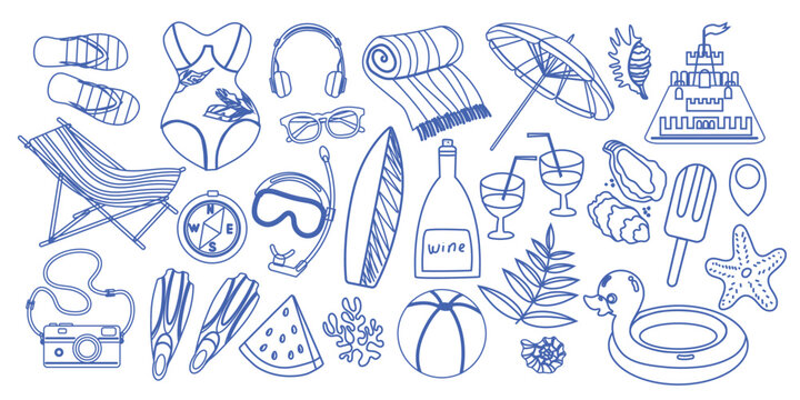 Hand drawn vintage summer doodle collection for beach party design. Includes vacation themed elements perfect for cards, stickers, and summer sale banners. Dolce vita style illustration.