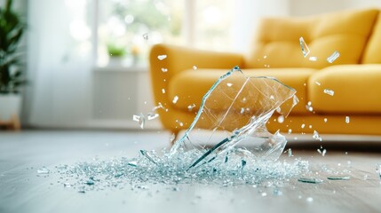 A stunning image capturing the instant when glass shatters on a wooden floor, creating an artistic explosion of reflections and a vibrant color palette.