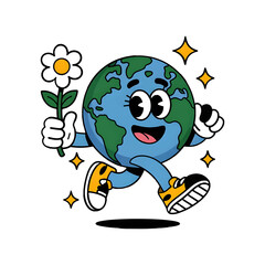 Happy Cartoon Earth Holding Flower – Eco Friendly Vector Character