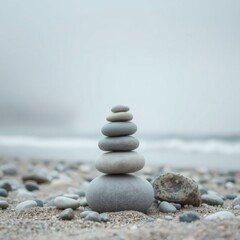 Fototapeta premium A balanced stack of smooth grey stones sits peacefully on a sandy beach under an overcast sky