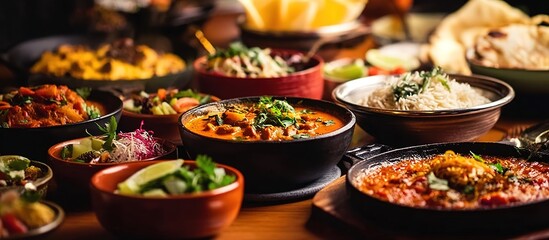 Fototapeta premium Indian cuisine table with teal rice bowl, black curry pan, red sauce dish, salads, bread under warm abundant lighting.