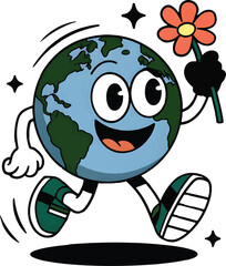 Obraz premium Happy Cartoon Earth Holding Flower – Eco Friendly Vector Character