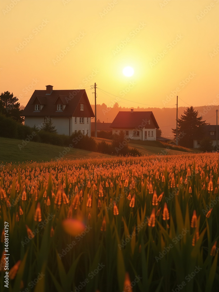 Poster the village is bathed in golden twilight, with grass swaying gently in the soft light of the setting