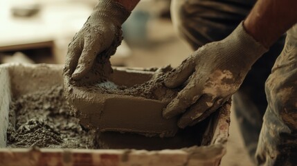 Construction worker mixing mortar for bricklaying. Featuring focus and craftsmanship