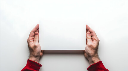 Person Holding White Blank Paper With Red Sleeves Against Bright White Background