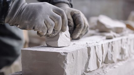 Mason chiseling stone for a decorative wall. Featuring detailed masonry work and artistry