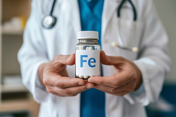 doctor holds a bottle of ferrous sulfate. 