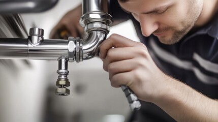 Plumber repairing a burst pipe under a kitchen sink. Featuring troubleshooting and quick response
