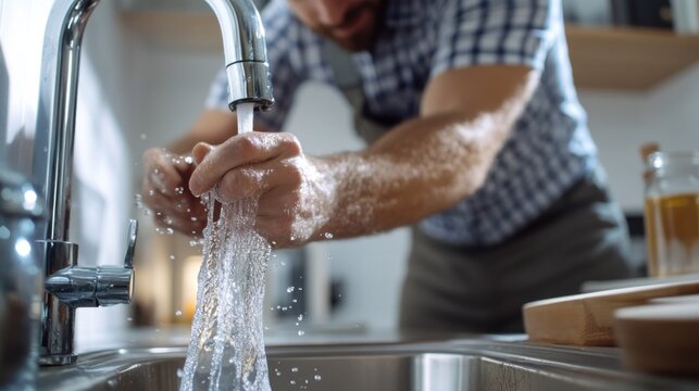 Plumber repairing a burst pipe under a kitchen sink. Featuring troubleshooting and quick response - Powered by Adobe