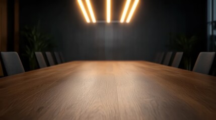 A beautifully crafted wooden conference table under striking geometric lighting creates a dramatic and modern environment for discussions and collaborative meetings.