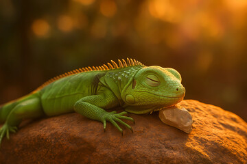 Green baby iguana peacefully sleeping on a rock during golden hour