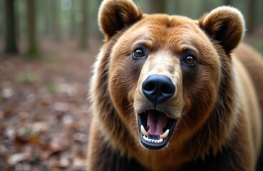 Fototapeta premium Close-up portrait of brown bear with surprised expression, open mouth, showing astonishment. Grizzly bear in natural forest environment. Wild animal face reveals curiosity. Stunning animal portrait.