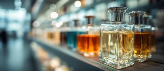 Cinematic product shot: a sleek glass perfume bottle in focus foreground with refracted golden light, flanked by blurred pastel-toned bottles on marble shelf. 