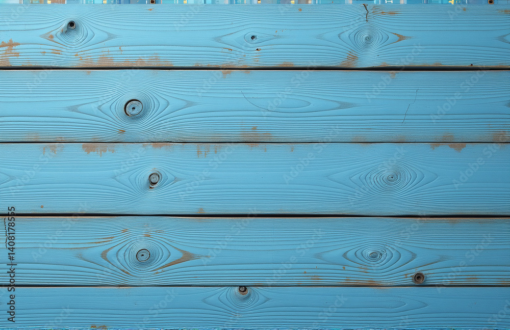 Poster Weathered Wooden Boards With Knots And Cracks Create A Distressed Blue Background For Design Projects.