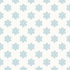 Seamless white winter pattern with blue outlined geometric snowflakes, minimalist Christmas background ideal for wrapping paper, fabric, gift packaging, greeting cards and seasonal designs.
