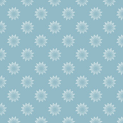 Seamless blue winter pattern with soft stylized white snowflakes, clean festive background ideal for Christmas wrapping paper, fabric, gift packaging, greeting cards and seasonal designs.