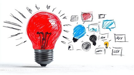 Bright Red Light Bulb with Sketchy Communication Icons Background