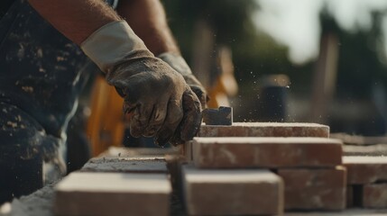 Mason cutting bricks for a custom wall design. Featuring brick cutting and masonry artistry
