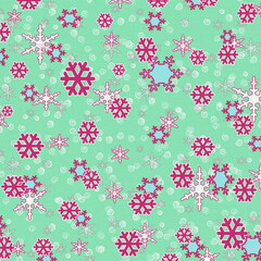 Fototapeta premium Seamless mint green Christmas pattern with pink and white snowflakes and swirls, playful winter background ideal for kids wrapping paper, fabric, party decor and festive designs.
