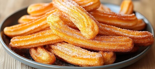 A plate of golden churros dusted with cinnamon sugar