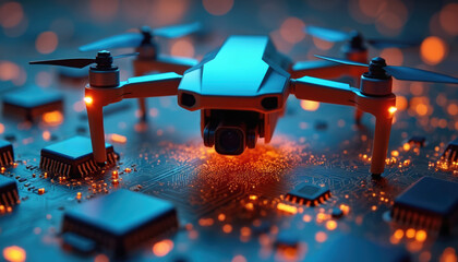 Drone hovering over circuit board. Tech concept with camera for surveillance. Air robot technology, data collection, video recording. High-tech equipment, futuristic innovative tech, digital,