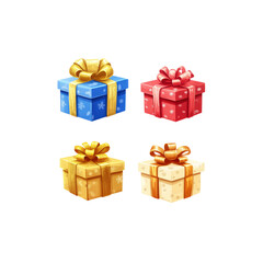 Four Colorful Gift Boxes with Gold Ribbons - Festive Holiday Present Icons