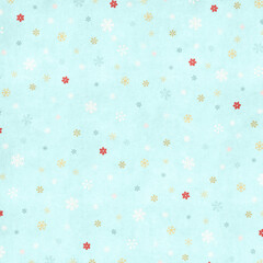 Seamless light blue Christmas pattern with colorful snowflakes, soft retro winter background ideal for wrapping paper, scrapbook, fabric, gift packaging, greeting cards and festive designs.