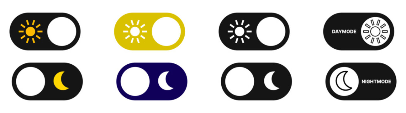 Day and night toggle switch icons set. Collection of on off. Sun and Moon icons for dark light mood. Dark mode and light mode switch button for website and mobile app. day night modes switch isolated.