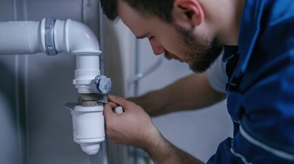 Plumber repairing a leaking pipe behind a wall. Featuring emergency plumbing and pipe repair