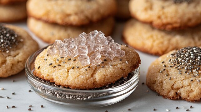 Small dish of maltitol crystals with soft flourless cookies decorated with chia seeds