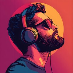colorful illustration of a bearded man enjoying music through headphones, capturing emotion, expression, and a relaxed artistic vibe