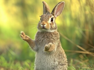 Fototapeta premium Alert and upright rabbit stands with paws raised, in a sunny field. Beautiful, natural pose, the bunny is curious and ready to interact.