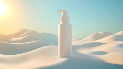 white cream bottle placed on soft sand dunes under a bright summer sky, showcasing a clean and minimal skincare product concept with natural lifestyle aesthetics