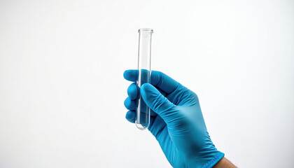 Scientist hand in blue glove holding empty test tube. Medical research laboratory work concept on white background. Chemical lab equipment. Science, medicine background.